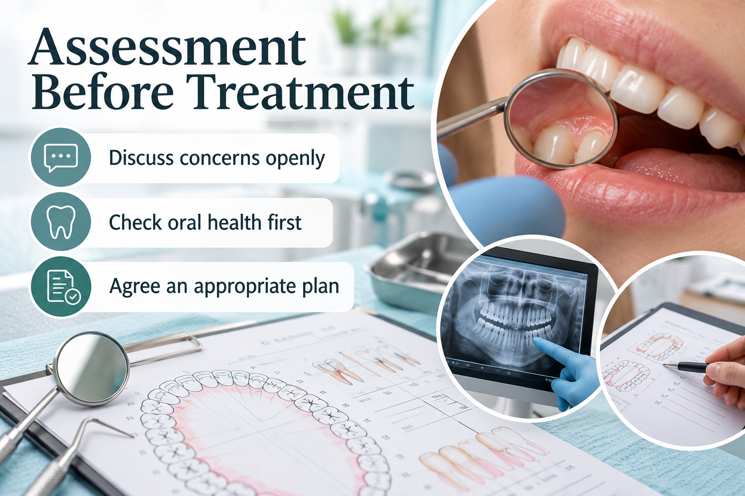 Assessment Before Treatment. Discuss concerns openly. Check oral health first. Agree an appropriate plan