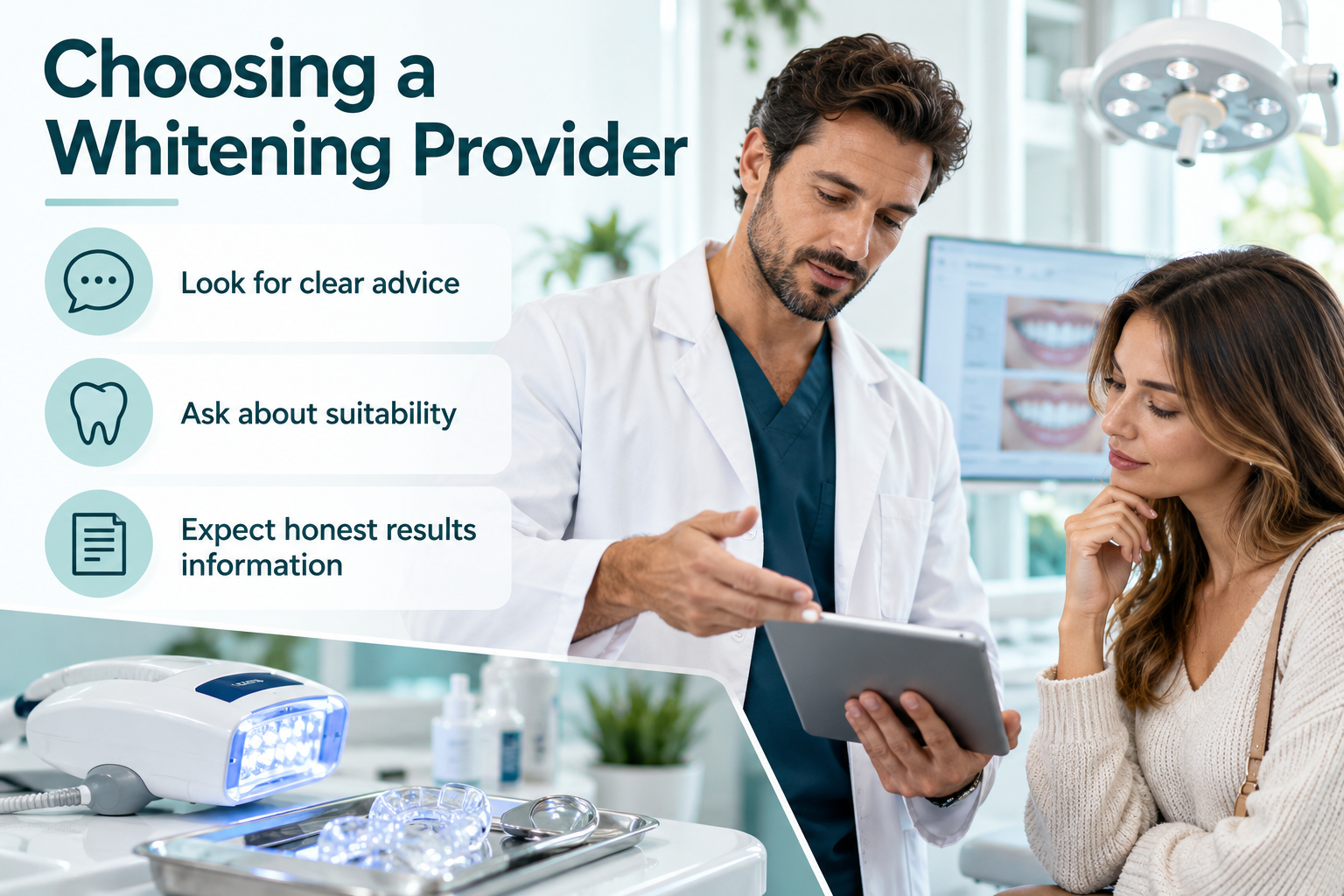 Choosing a Whitening Provider. Look for clear advice. Ask about suitability. Expect honest results information