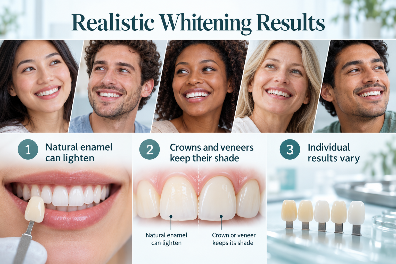 Realistic Whitening Results. Natural enamel can lighten. Crowns and veneers keep their shade. Individual results vary