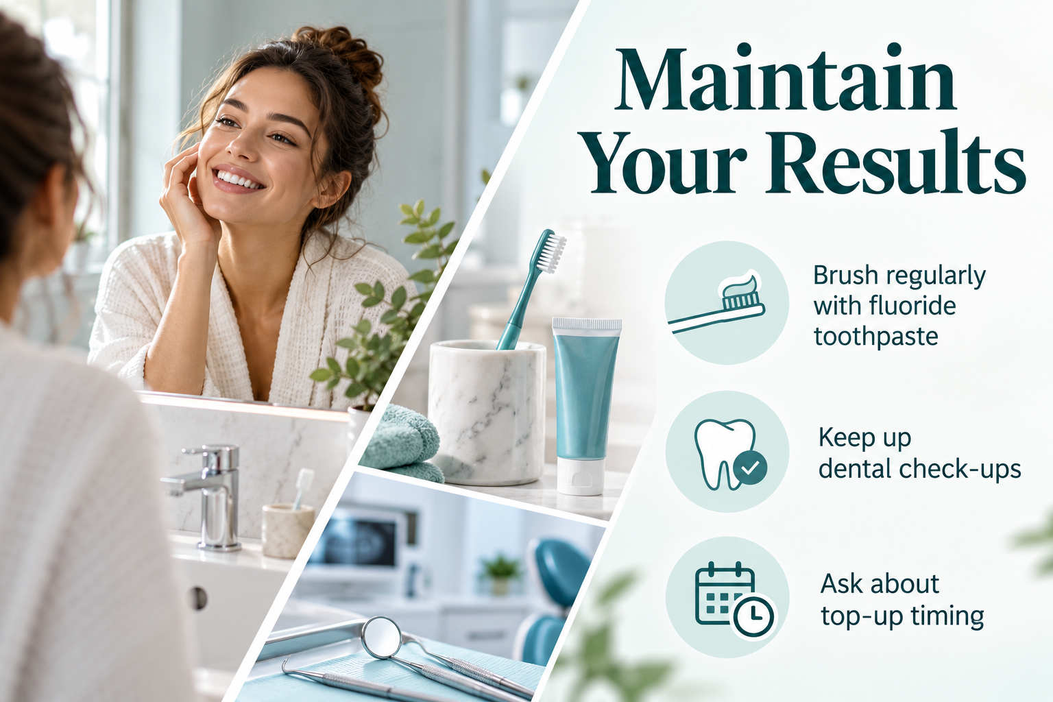 Maintain Your Results. Brush regularly with fluoride toothpaste. Keep up dental check-ups. Ask about top-up timing