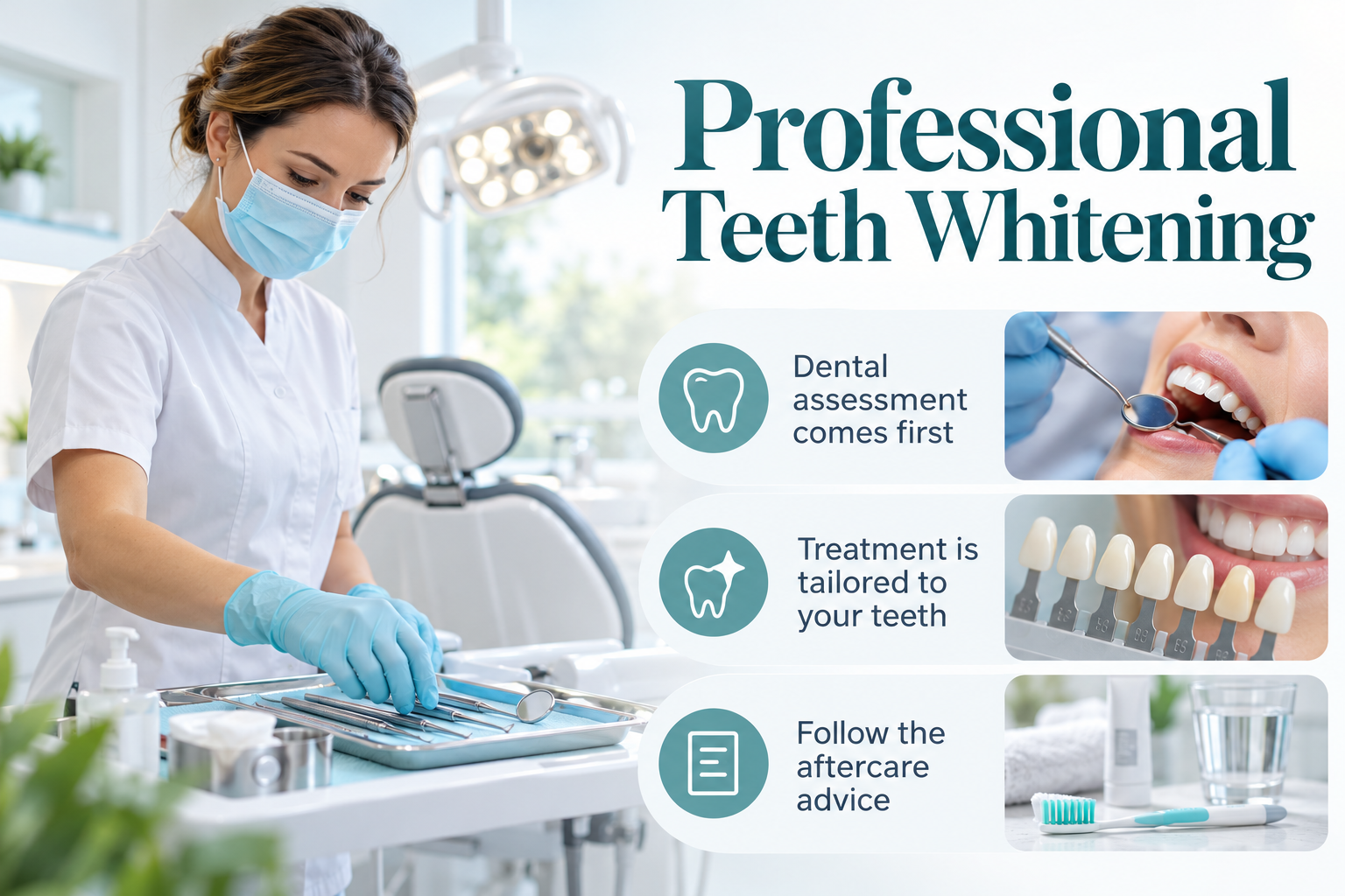 Professional Teeth Whitening. Dental assessment comes first. Treatment is tailored to your teeth. Follow the aftercare advice