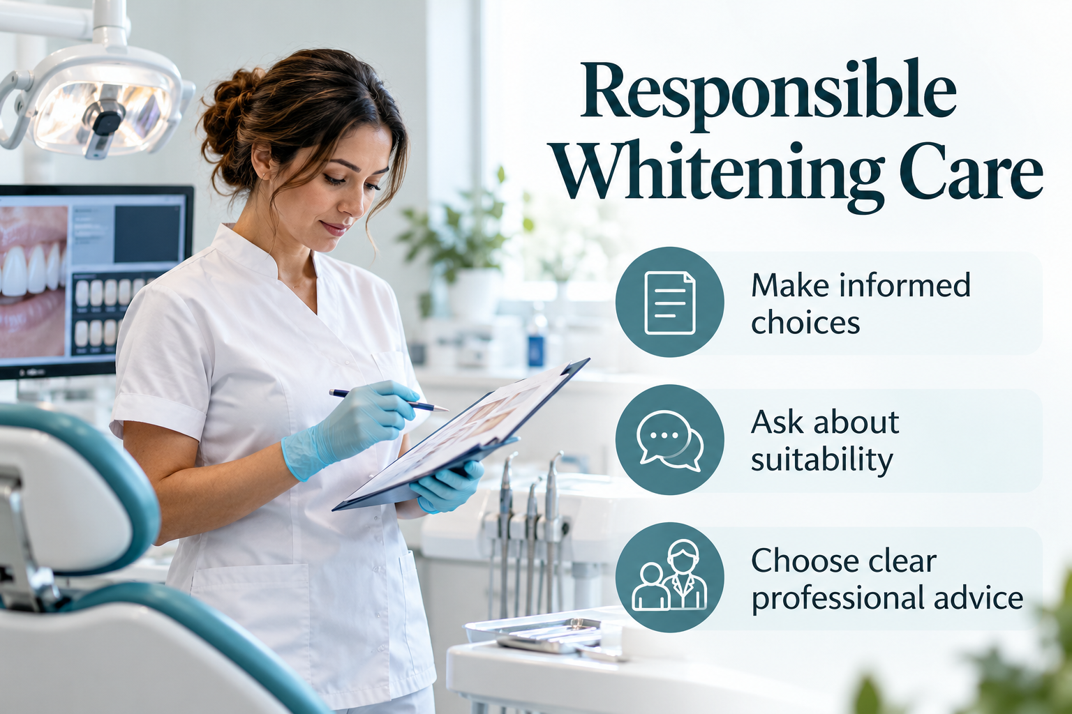Responsible Whitening Care. Make informed choices. Ask about suitability. Choose clear professional advice