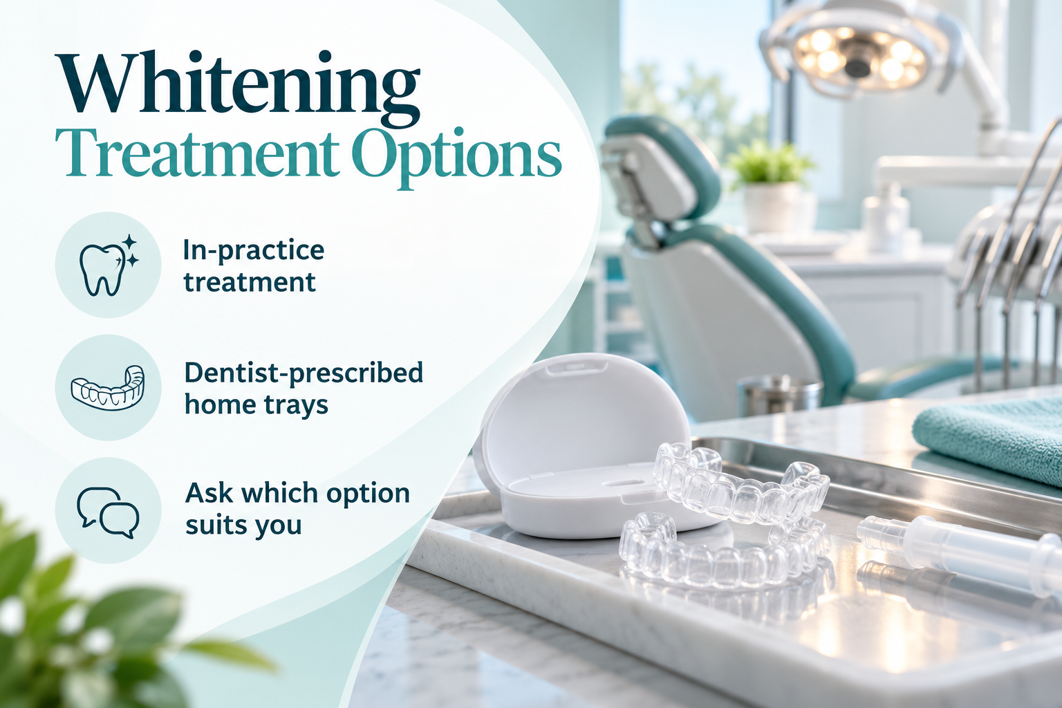 Whitening Treatment Options. In-practice treatment. Dentist-prescribed home trays. Ask which option suits you