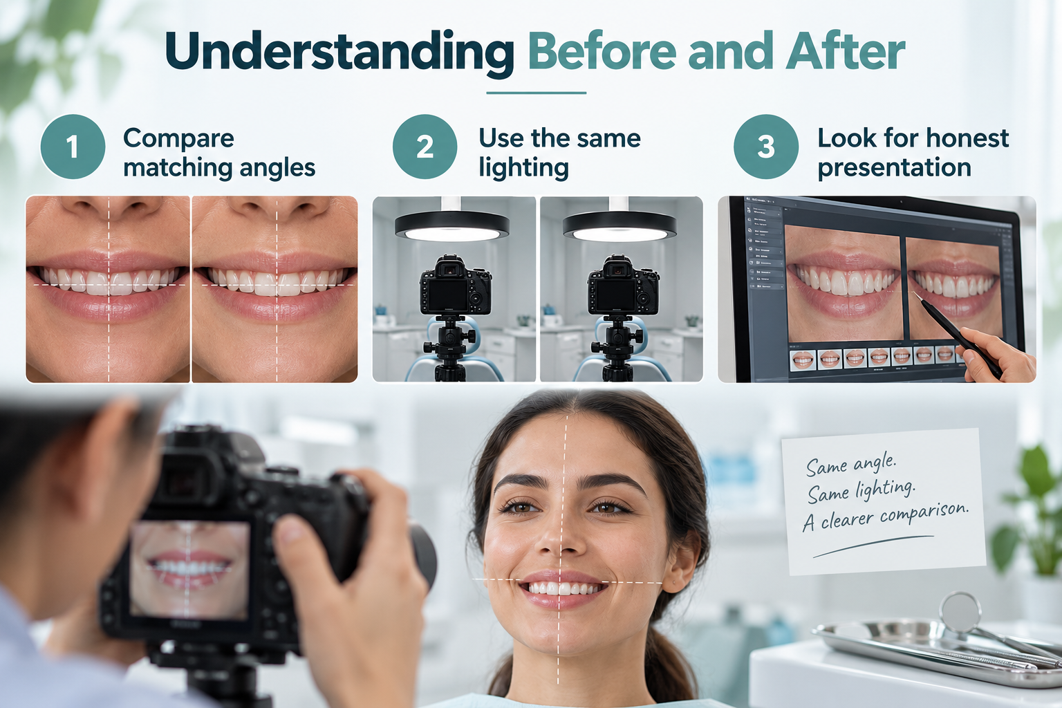 Compare matching angles and lighting before and after treatment