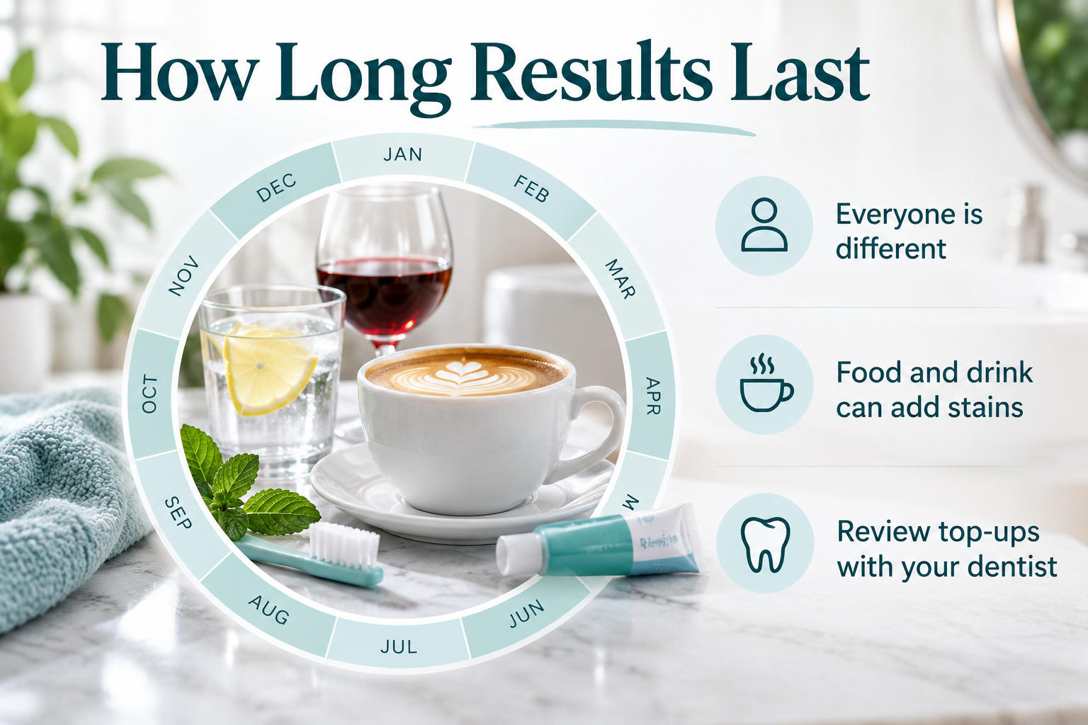 How Long Results Last. Everyone is different. Food and drink can add stains. Review top-ups with your dentist