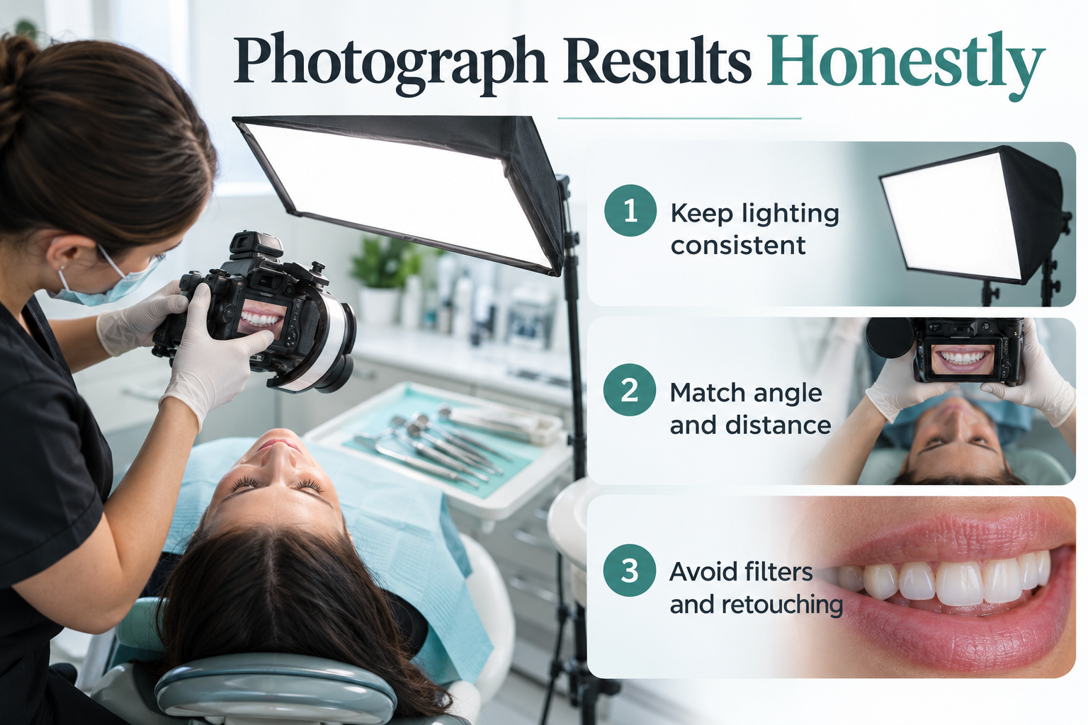 Photograph Results Honestly. Keep lighting consistent. Match angle and distance. Avoid filters and retouching