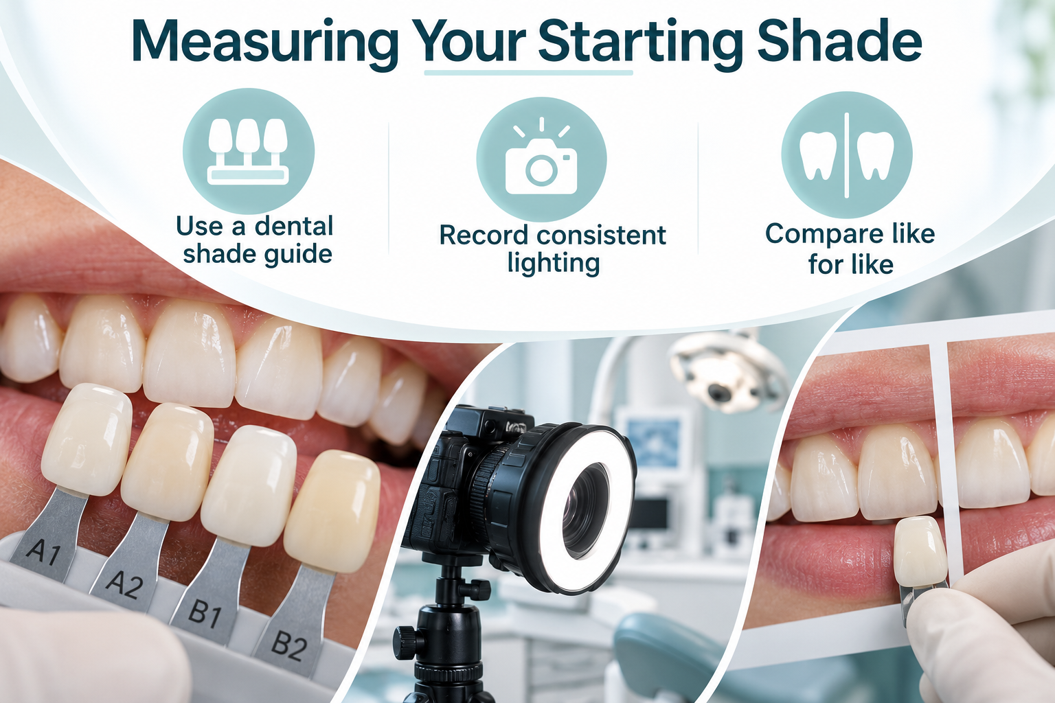 Measuring Your Starting Shade. Use a dental shade guide. Record consistent lighting. Compare like for like