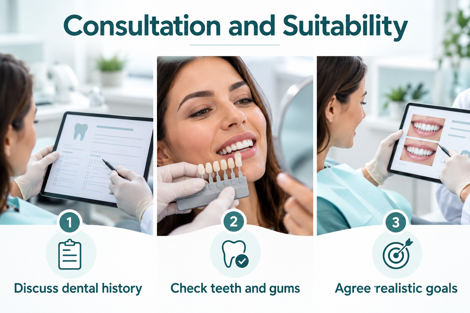 Consultation and Suitability. Discuss dental history. Check teeth and gums. Agree realistic goals