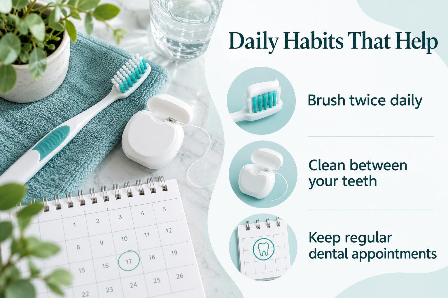 Daily Habits That Help. Brush twice daily. Clean between your teeth. Keep regular dental appointments