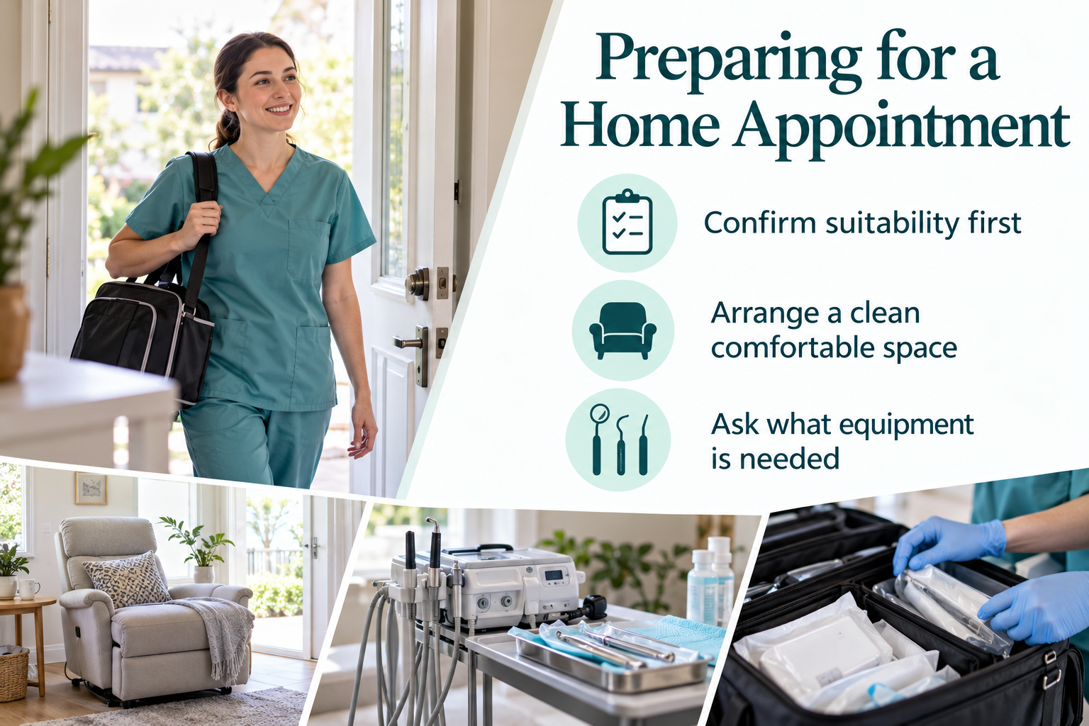 Preparing for a Home Appointment. Confirm suitability first. Arrange a clean comfortable space. Ask what equipment is needed