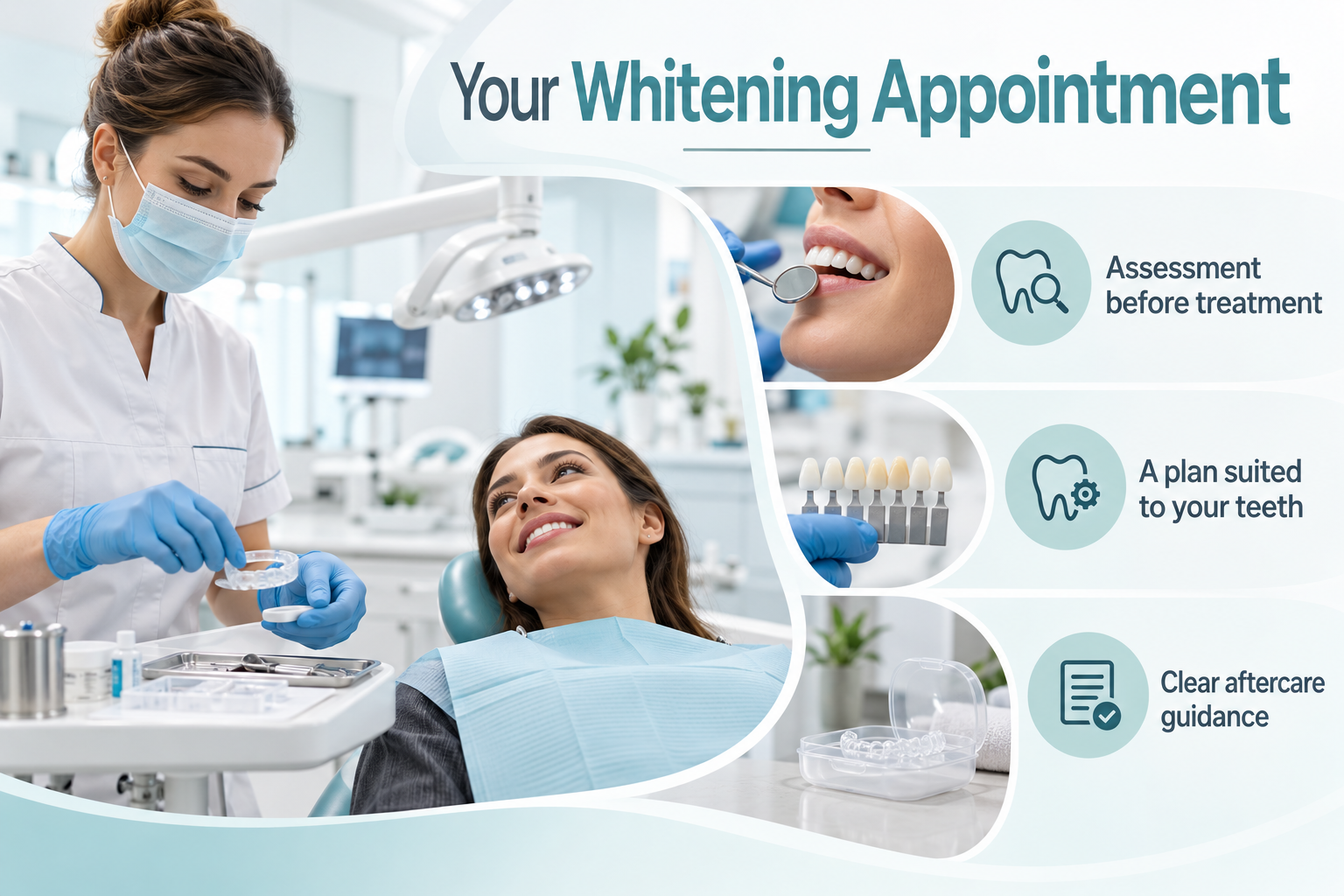 Your Whitening Appointment. Assessment before treatment. A plan suited to your teeth. Clear aftercare guidance