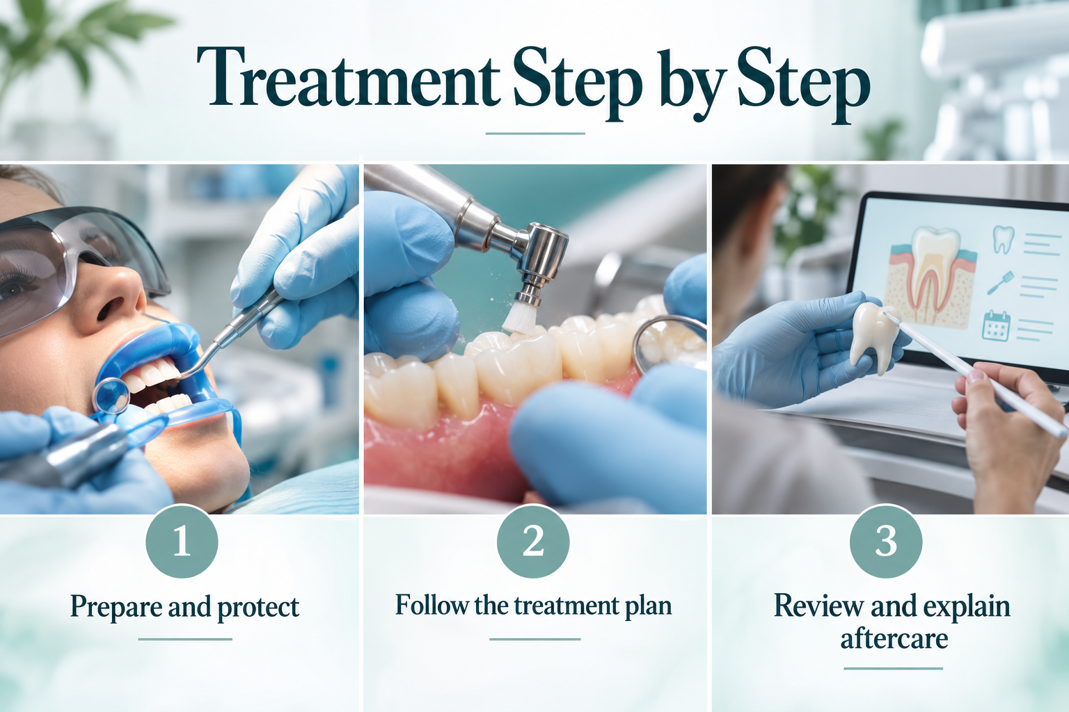 Treatment Step by Step. Prepare and protect. Follow the treatment plan. Review and explain aftercare